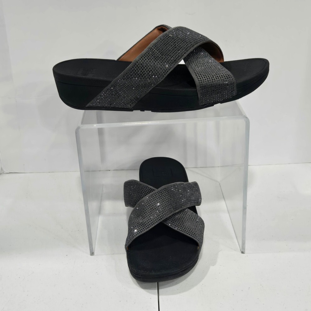 FitFlop Lulu Crystal Embellished Cross Slide Sandals Black Grey Womens 11 M56054